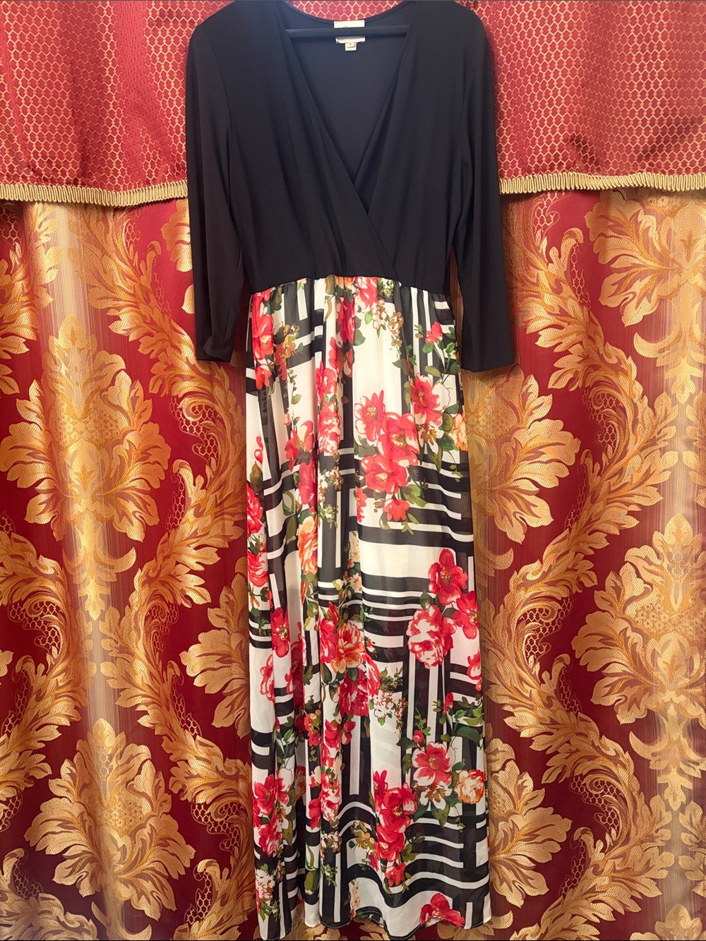 Beige by eci Black Wrap Top Maxi Dress with Red Floral Stripe Skirt